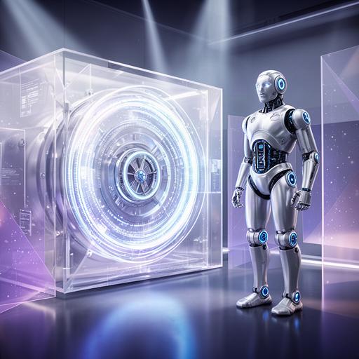 Robot umanoide argento con dettagli blu a guardia di un caveau digitale luminoso in un ambiente finanziario moderno